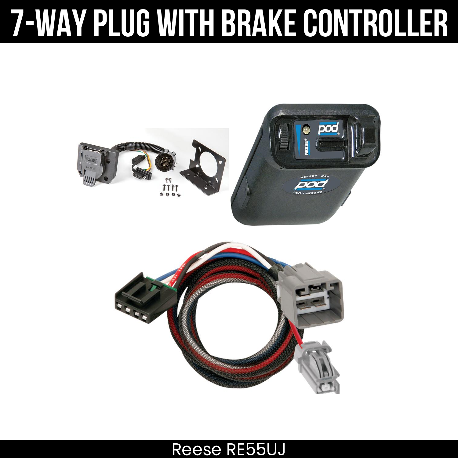 Trailer Wiring 7-Way Plug w/ Bracket , Reese POD Brake Control