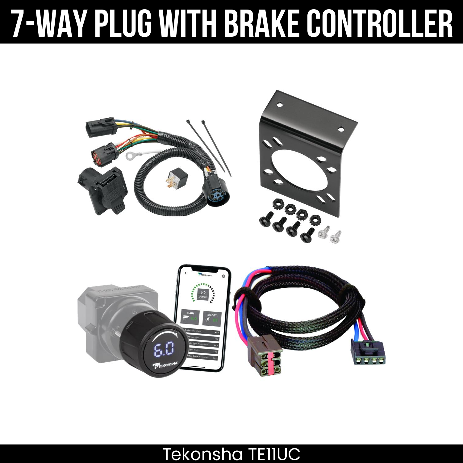 Trailer Wiring 7-Way Plug w/ Bracket , Tekonsha Prodigy iD Smart Brake Control