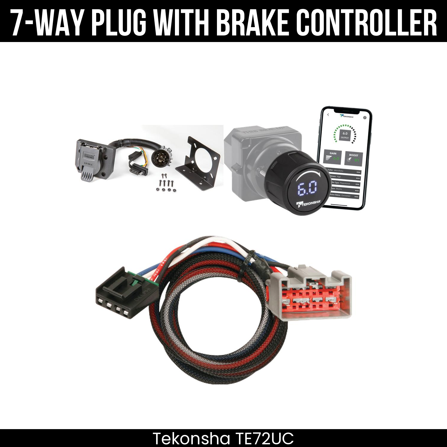 Trailer Wiring 7-Way Plug w/ Bracket , Tekonsha Prodigy iD Smart Brake Control
