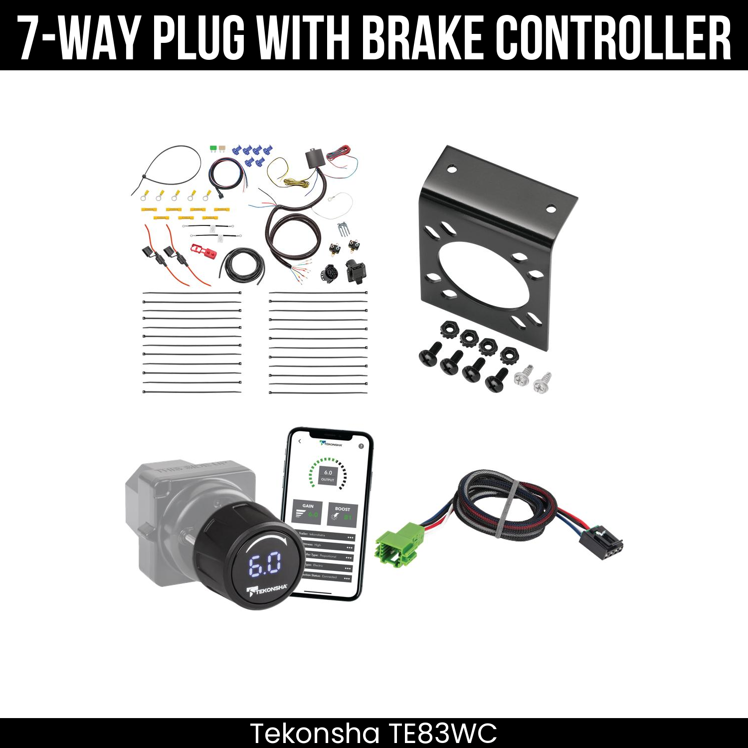 Trailer Wiring 7-Way Plug w/ Bracket , Tekonsha Prodigy iD Smart Brake Control